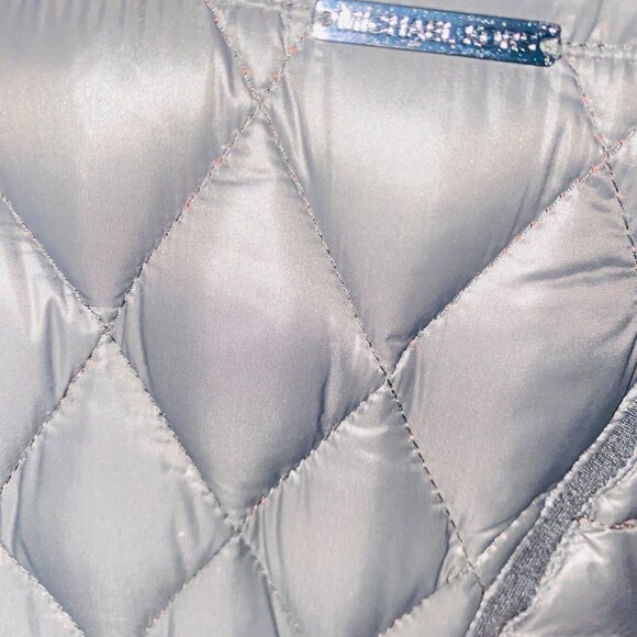 Michael Kors Ultra Light Quilted Down Coat, Gunmetal Gray w/Orange Lining; W's M - Picture 2 of 5